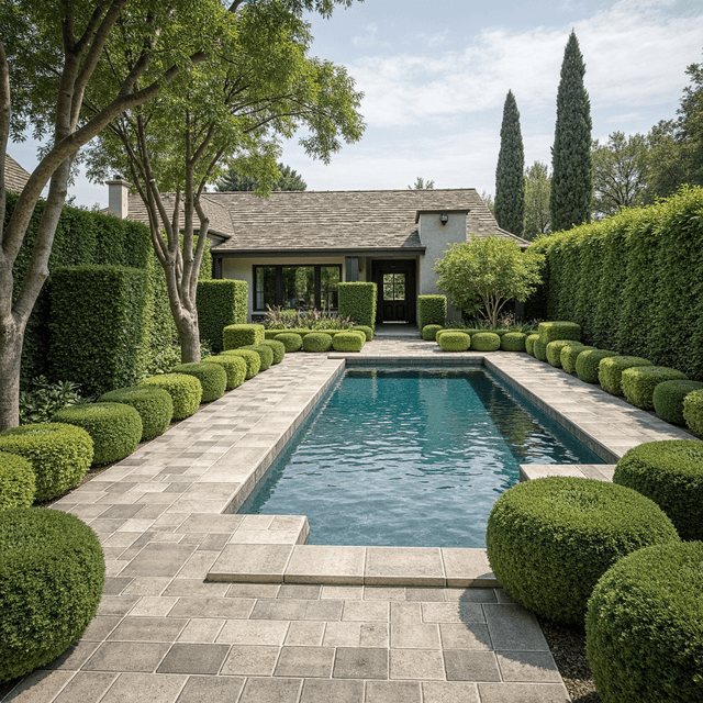 A luxurious California backyard with Catalina grana aspen pavers and a swimming pool and well manicured garden and hedges
