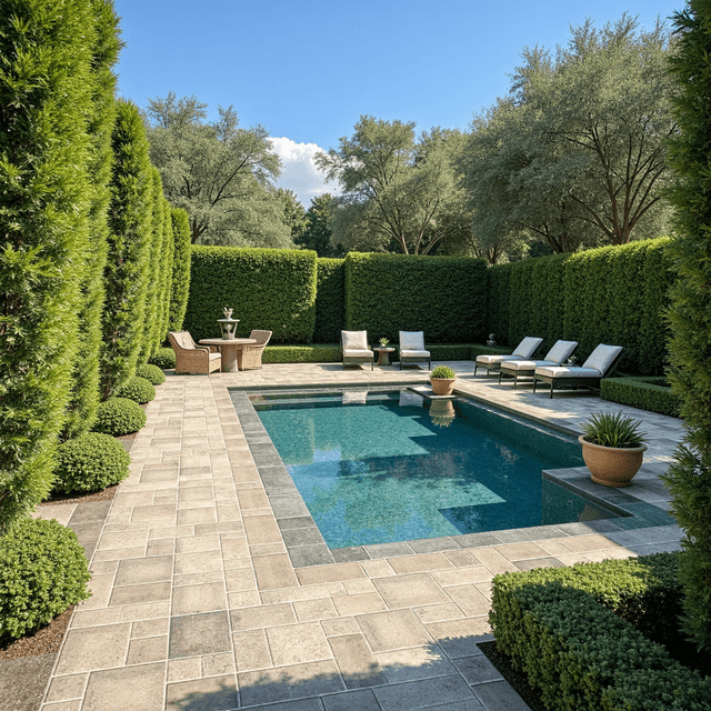 A luxurious California backyard with Catalina grana aspen pavers and a swimming pool and well manicured garden and hedges