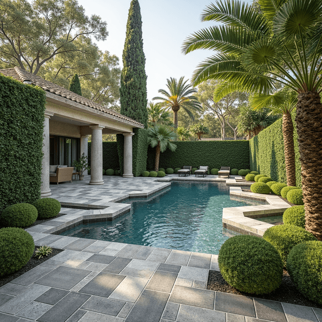 A luxurious California backyard with Catalina grana aspen pavers and a swimming pool and well manicured garden and hedges