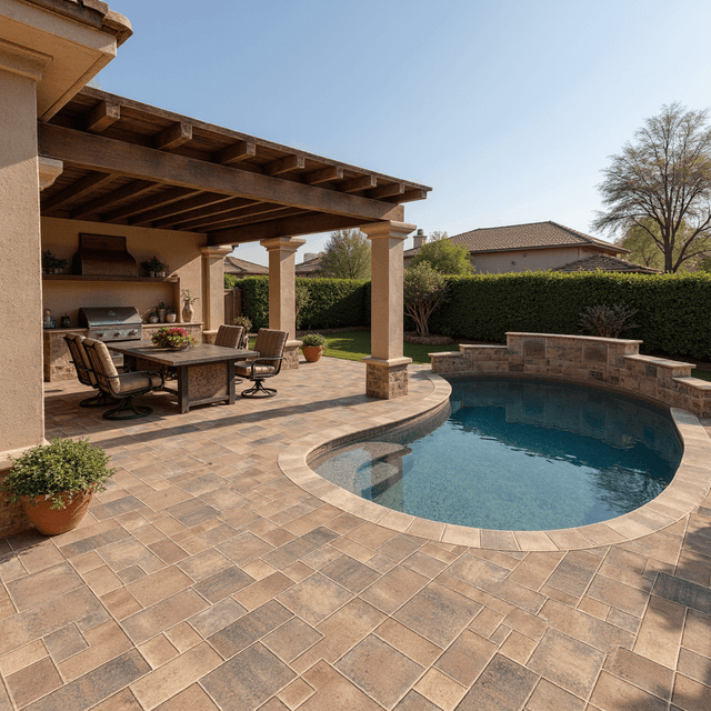 A luxurious California backyard with Catalina grana toscana pavers and a swimming pool and an outdoor kitchen with a pergola and a BBQ island and furniture under the pergola