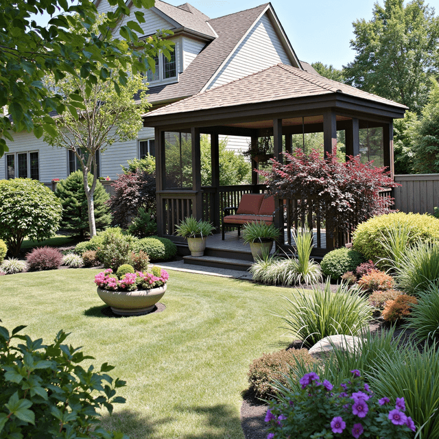 A cozy back yard with a gazebo and Garden Flowers plants