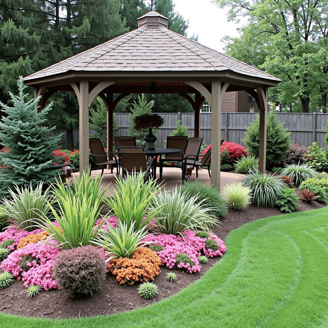 A cozy back yard with a gazebo and Garden Flowers plants
