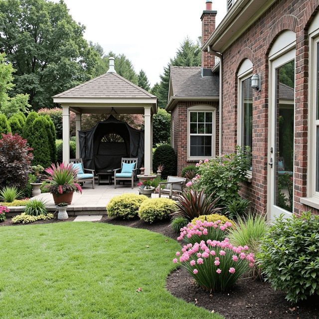 A cozy back yard with a gazebo and Garden Flowers plants