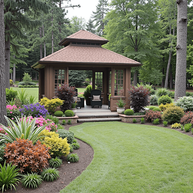 A cozy back yard with a gazebo and Garden Flowers plants