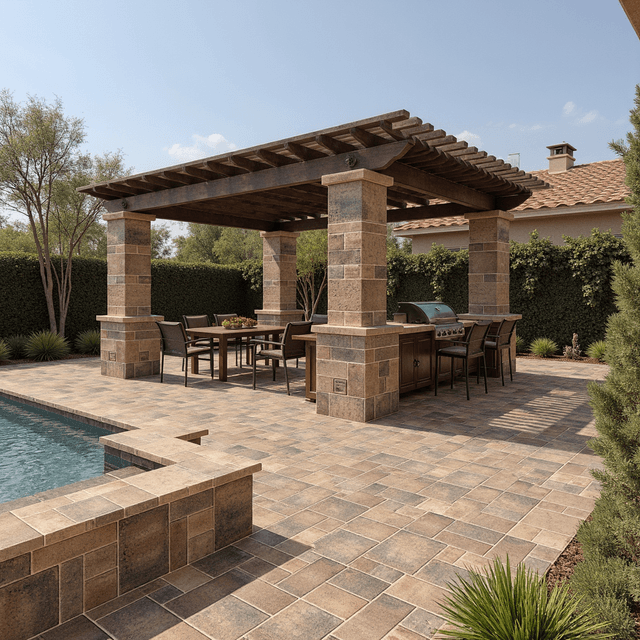 A luxurious California backyard with Catalina grana toscana pavers and a swimming pool and an outdoor kitchen with a pergola and a BBQ island and furniture under the pergola